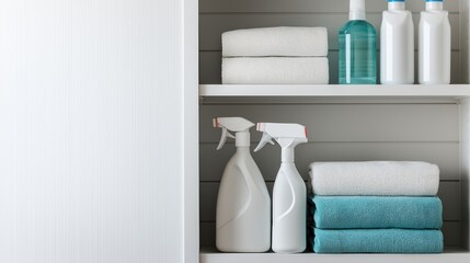 A janitorial closet showcases neatly arranged cleaning supplies and equipment. Shelves hold bottles, towels, and sprays, promoting efficiency in maintenance activities