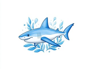 Fototapeta premium Cartoon shark swimming among blue aquatic plants in a vibrant underwater scene
