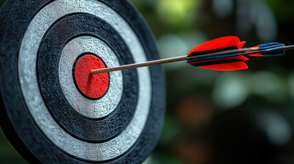 An arrow embeds itself directly in the center of a target, showcasing exceptional aim and concentration during an archery session. The moment captures commitment to the sport and precision