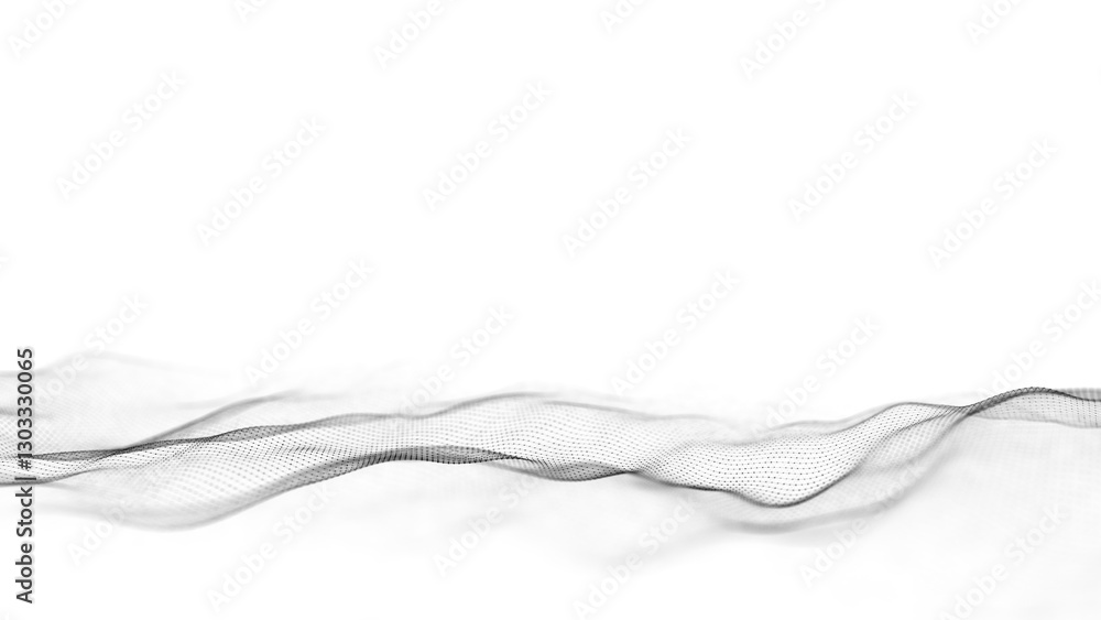 Poster abstract white wave with moving dots. flow of particles. cyber technology illustration. 3d rendering
