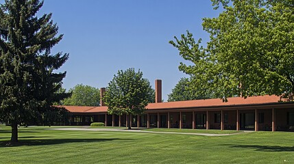 Sunny brick building with covered walkways on a golf course