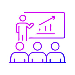 Fototapeta premium Business lecturer speaks to the audience, presenting a growth chart on the screen during a business conference, financial masterclass, or coaching session.