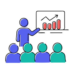 Obraz premium Business lecturer speaks to the audience, presenting a growth chart on the screen during a business conference, financial masterclass, or coaching session.