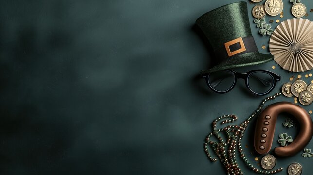 A colorful display features a leprechaun's hat, whimsical glasses, gold coins, clovers, and confetti on a rich green surface, inviting festive creativity and celebration