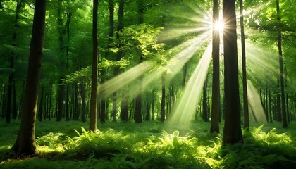 Bright sunlight pouring into a thriving green forest.