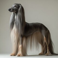 A majestic Afghan Hound stands elegantly with long, flowing fur, showcasing its distinctive coat and regal posture against a neutral background.