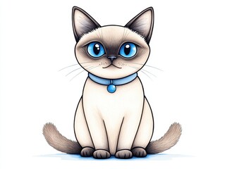 Obraz premium Cute cartoon Siamese cat with blue eyes sitting on a white background