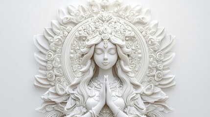 Fototapeta premium Intricate white sculpture of a serene figure with hands in prayer surrounded by floral details.