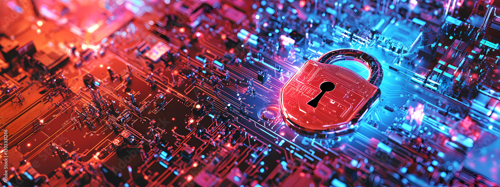 Poster cybersecurity: red padlock on circuit board, symbolizing digital security and data protection in a d
