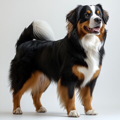 A majestic dog with a predominantly black coat, tan and white markings, standing proudly on a light background, showcasing its fluffy fur and cheerful expression.