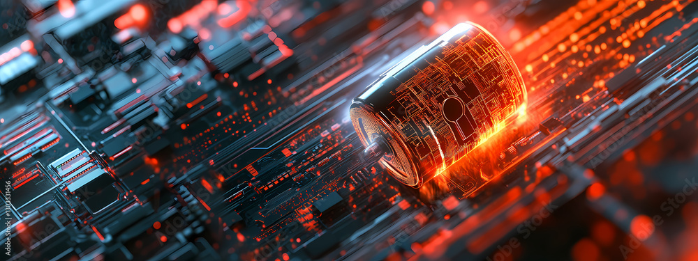 Poster technological core: a close-up view reveals a detailed circuit board, its intricate pathways ablaze 