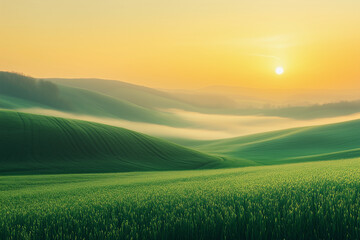 Naklejka premium a painting of a green landscape with hills and trees in the distance and a cloudy sky above it with a sunbeam