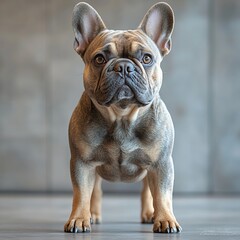 Fototapeta premium A poised French Bulldog stands confidently, showcasing its muscular build and expressive eyes against a muted background.