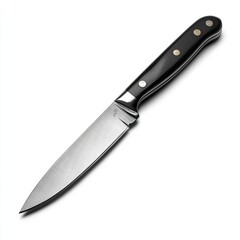 A sharp kitchen knife with a sleek stainless steel blade and a polished black handle featuring three metal rivets, isolated on a white background.
