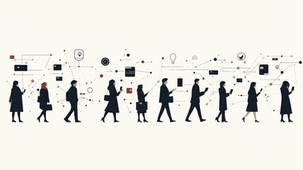 A group of cartoon characters walks in a line, each using their mobile devices for money transfers and electronic banking