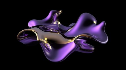 Naklejka premium A smooth, abstract sculpture with liquid-like forms, blending purple and gold hues against a black background, conveying modern artistic design.