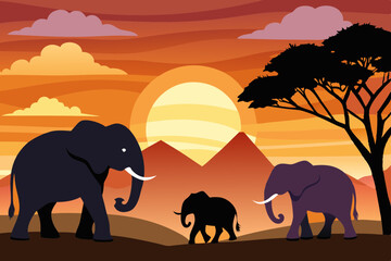 Fototapeta premium Majestic African Elephants at Sunset – Wildlife Safari Landscape Illustration.