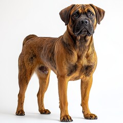 Fototapeta premium A striking and well-groomed dog stands confidently on a white background, showcasing its muscular build and expressive features, enhancing its strong presence.