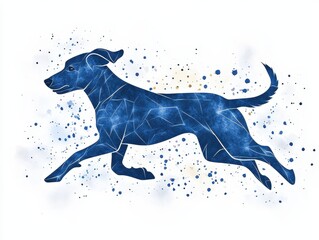 Blue silhouette of a running dog amidst colorful splashes and patterns