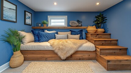 Cozy Blue Basement Reading Nook