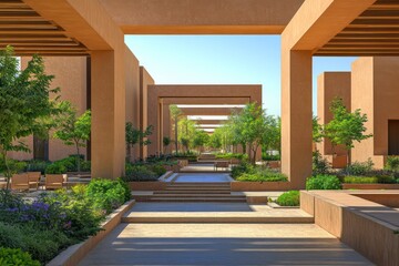 A mid-sized structure with earth-toned walls, rectangular shapes, and a garden plaza with shaded seating areas