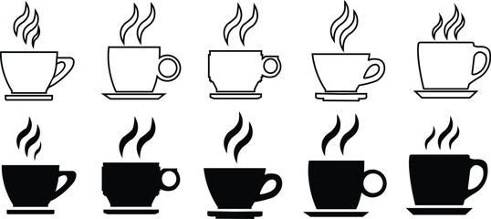 Hot Coffee Cup Icon Set - Black and White Vector Illustrations for Cafes, Menus, and Branding