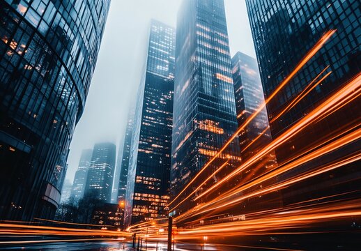Cityscape with Light Trails: A breathtaking cityscape with skyscrapers piercing the sky. The lights blur into streaks of gold and orange, suggesting motion and the fast pace of urban life.