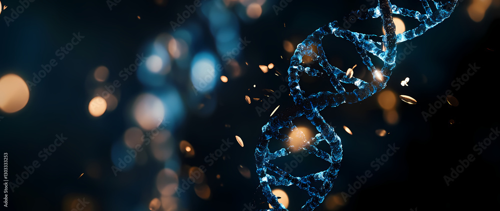 Poster dna double helix: abstract image of a glowing blue dna double helix against a dark background with b