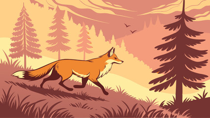 Vector illustration of a red fox running in a misty pine forest at sunrise. Use a warm color palette with fine fur details and realistic shadows