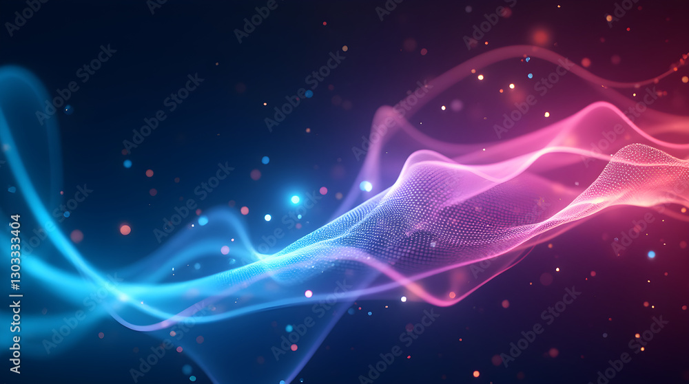 Poster vibrant dynamic abstract blue and pink flowing energy waves with bokeh light particles dark backgrou