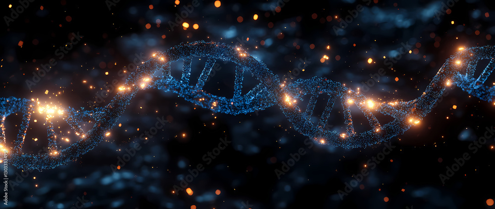 Poster dna helix: a mesmerizing representation of a dna helix, glowing with interconnected particles in a v