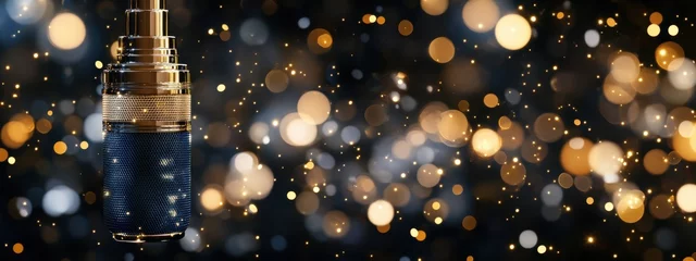 Elegant Golden and Blue Microphone on Sparkling Background Festive Broadcast Studio © Abdillah_ART