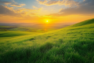 a beautiful sunset over a grassy valley with clouds in the sky and a sun setting over the hills in the distance