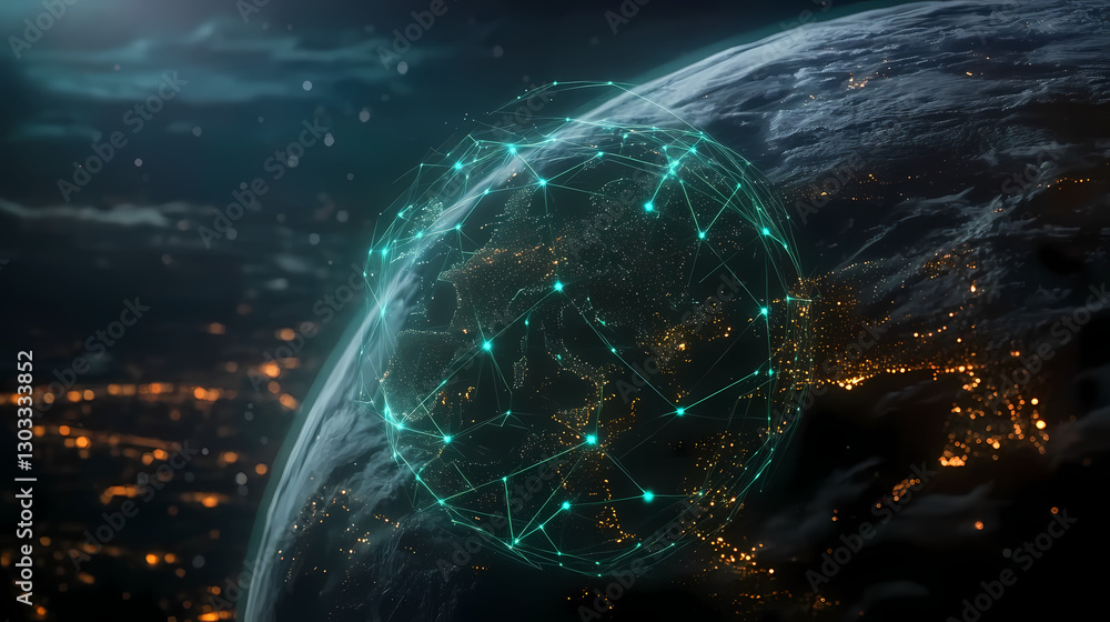 Aufkleber interconnected global network: a mesmerizing view of earth, enveloped by a network of interconnected