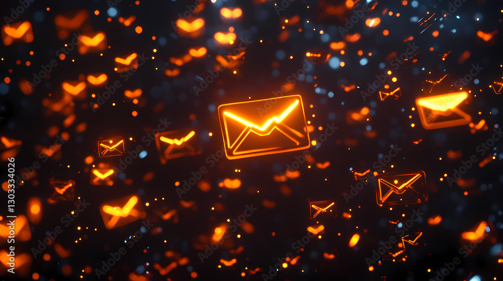Poster digital communication: a vibrant visual display of illuminated digital mail icons in a mesmerizing d