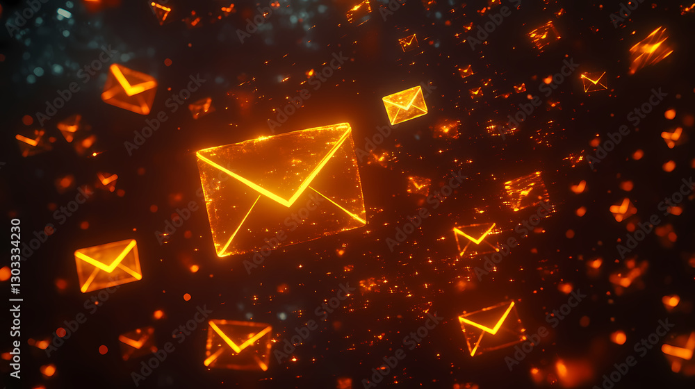 Poster glowing email network: a digital art depicting a multitude of glowing orange email icons, each pulsa