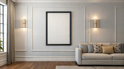 Mockup of painting in Sophisticated living room with elegant sofa and stylish wall sconces in light-toned decor