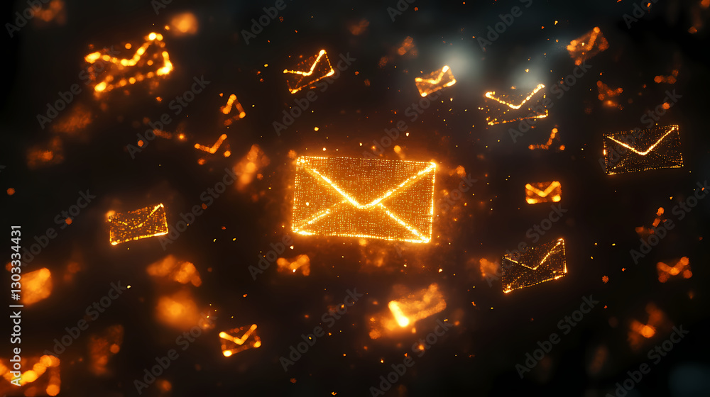 Poster digital mail cloud: a glowing cloud of digital envelopes floats against a dark, dynamic backdrop, sy