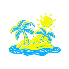 Obraz premium Tropical island icon with sun and palm trees, cheerful vacation concept