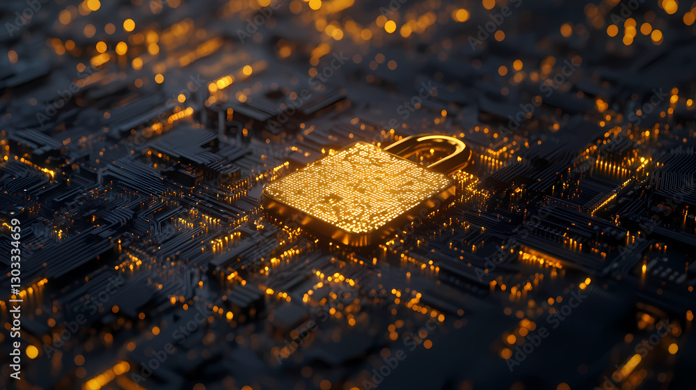 Poster golden circuitry: a mesmerizing abstract image of a golden circuit board, bathed in warm, ethereal l