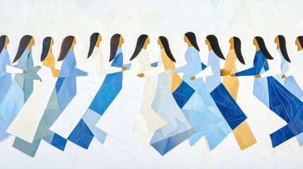 A vibrant abstract illustration of women in harmonious movement, showcasing unity and diversity.