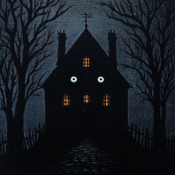 Spooky haunted house with glowing windows in a dark forest.