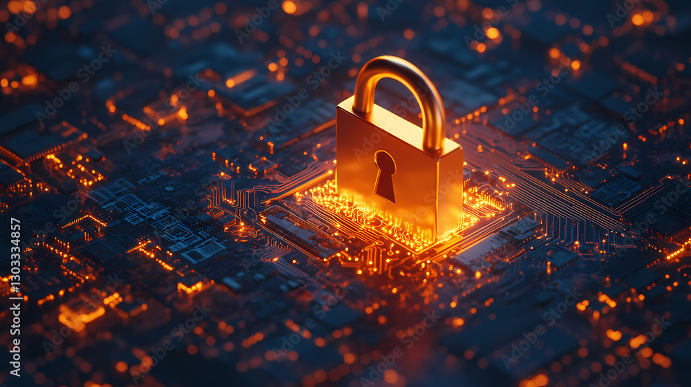 Poster digital fortress: a close-up shot of a shining padlock resting on a high-tech circuit board, glowing