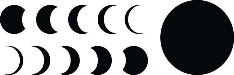 Moon Phases Icon Set - Vector Lunar Cycle Illustrations in Black Silhouette