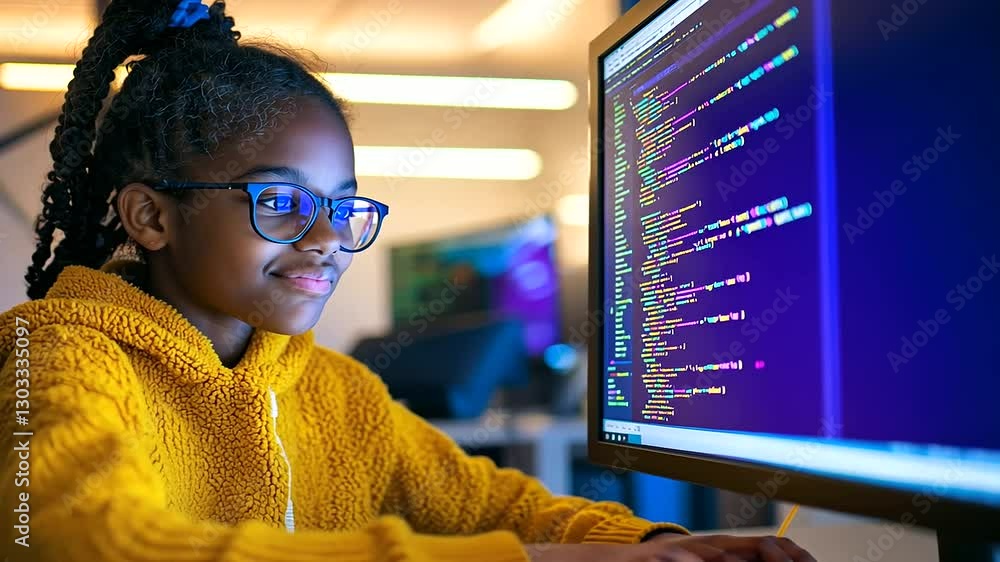 Poster a talented student engrossed in coding within a contemporary classroom setting.