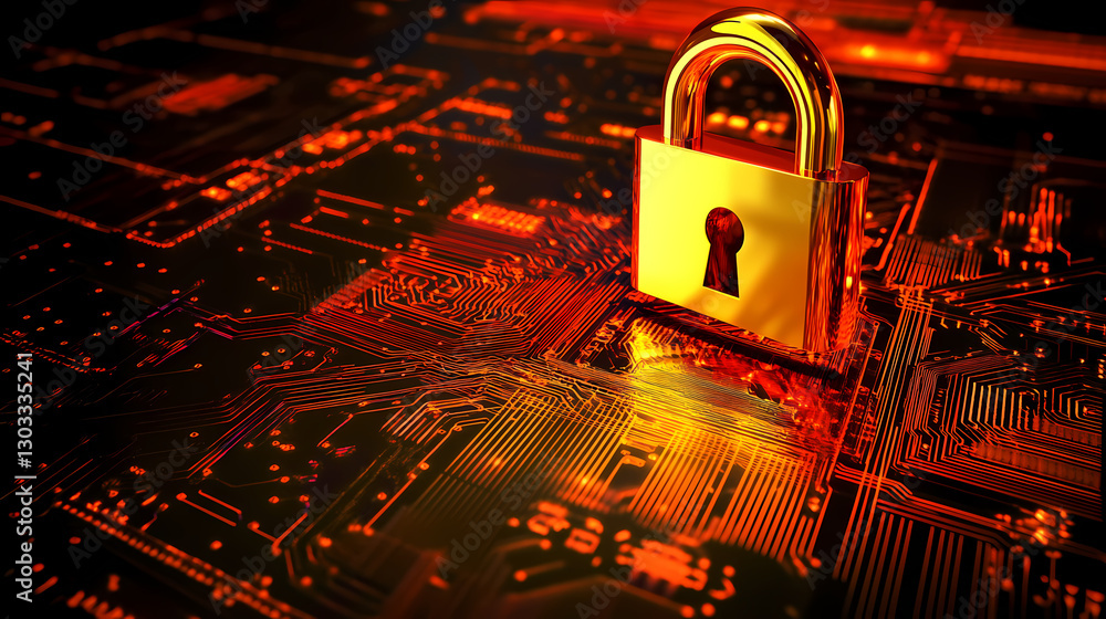 Poster digital fortress: a gleaming golden padlock sits atop an intricate computer motherboard, symbolizing