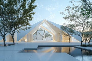 A minimalist pavilion featuring overlapping triangular roofs and open angular arches