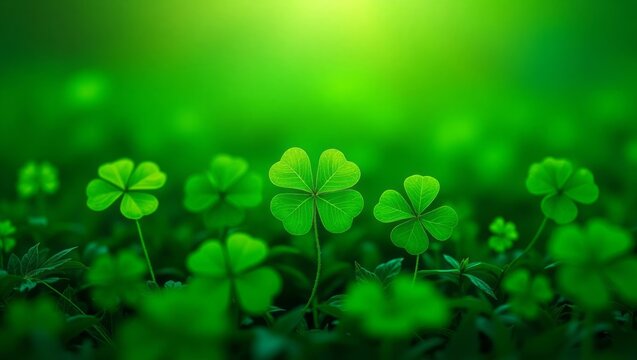 Green background with shamrocks: lush clover leaves, intricate details, vibrant digital painting. Glowing shades of green, rich symbolism, capturing St. Patrick's Day spirit and nature's beauty.