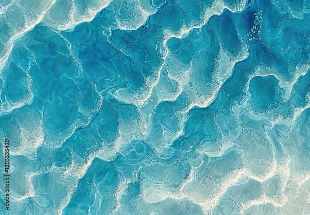 Poster abstract aerial view of ocean waves creating ripples and patterns in bright turquoise and white tone