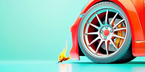 Stylish red sports car with vibrant flames near a tire.